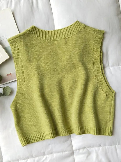 Green V Neck Knit Sweater Vest