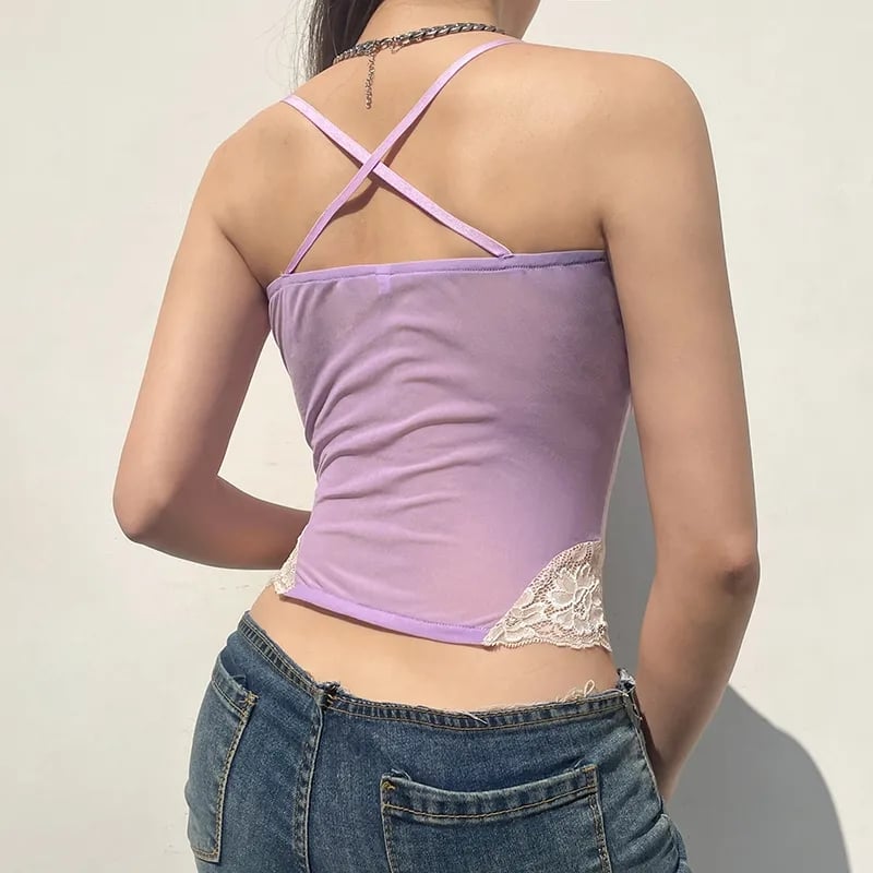 Purple Lace Trim Mesh Halter Top