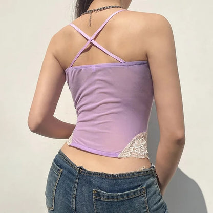 Purple Lace Trim Mesh Halter Top