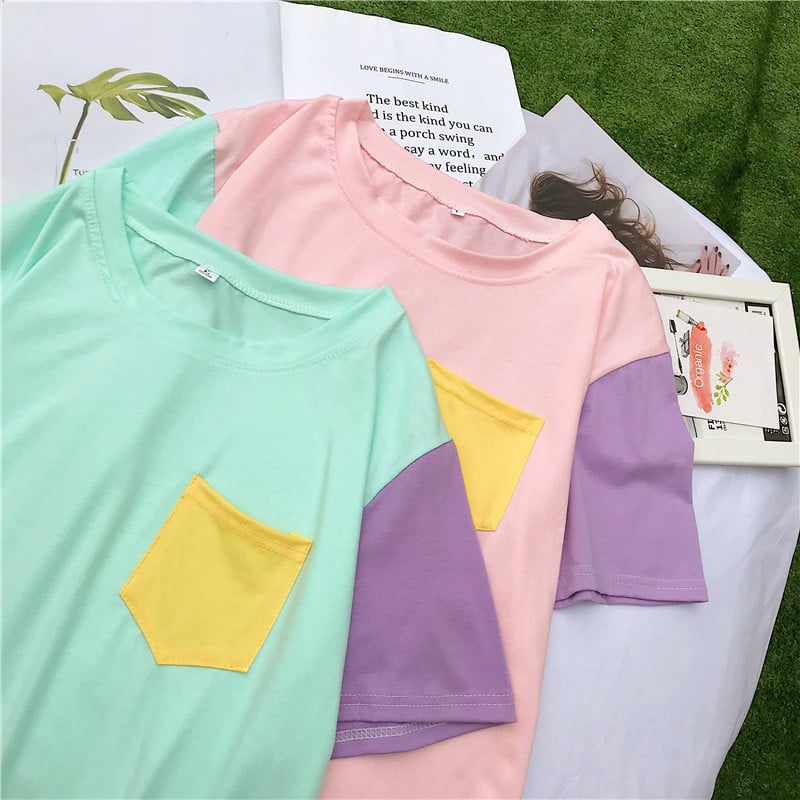 Cute Pastel Patchwork Contrast Kpop Bangtan Boys T-shirt Tee Top Korean Japanese Harajuku Chinese Retro Streetwear Aesthetic Fashion