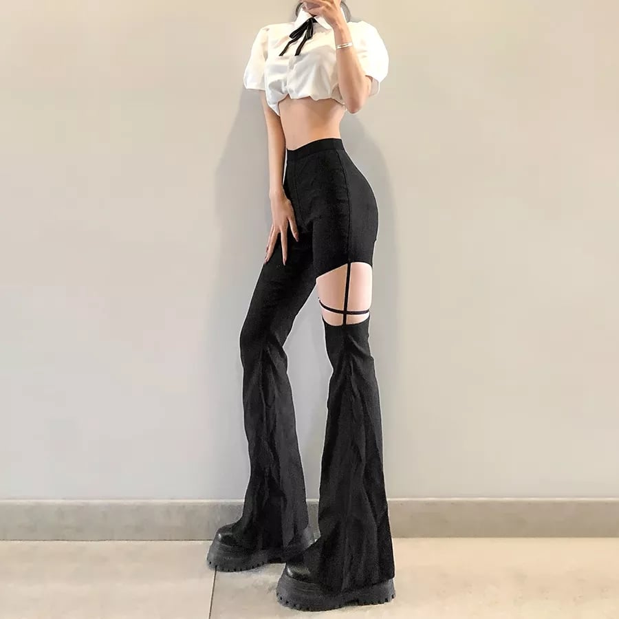 Cute Sexy Black High Waist Flare Trousers Cut Out Hollow Pants Summer Aesthetic Casual E-Girl Kawaii Korean Japanese Harajuku