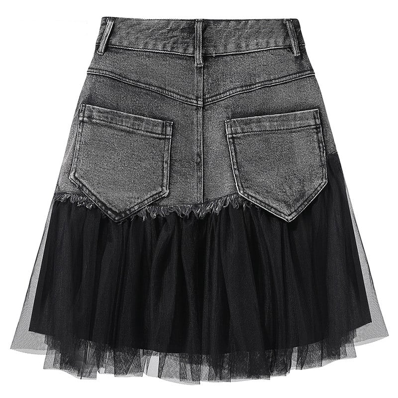 Black Tulle Patchwork Denim Skirt
