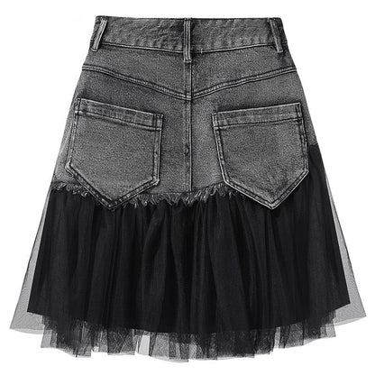 Black Tulle Patchwork Denim Skirt