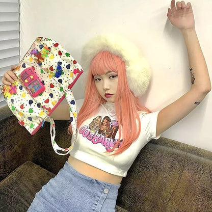Sexy Pink Cartoon Doll Print Short Sleeve Shirt Crop Top Tee T-shirt Top Causal Summer E-Girl Kawaii Korean Japanese Harajuku Streetwear