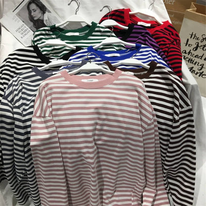 Cute Casual Stripe Round Neck Long Sleeve Tee Shirt T-shirt Top Plus Oversized Baggy E-Girl Kawaii Korean Japanese Harajuku Retro Streetwear