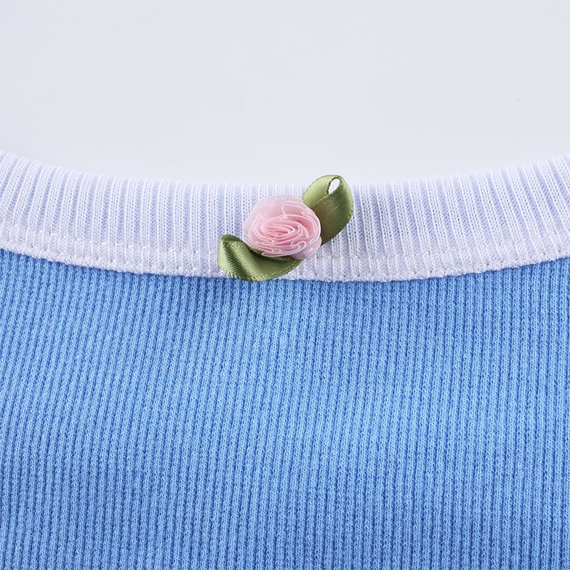 Cute Sexy Flower Rose Color Contrast Crop Top Camisole Shirt Tee T-shirt E-Girl Kawaii Korean Japanese Harajuku Chinese Retro Streetwear Aesthetic