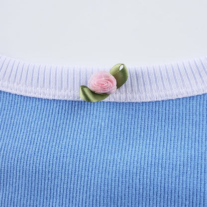 Cute Sexy Flower Rose Color Contrast Crop Top Camisole Shirt Tee T-shirt E-Girl Kawaii Korean Japanese Harajuku Chinese Retro Streetwear Aesthetic
