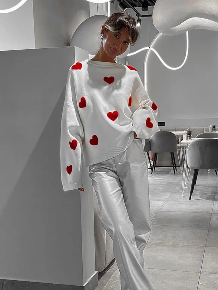 Heart Embroidery Long Sleeve Pullover