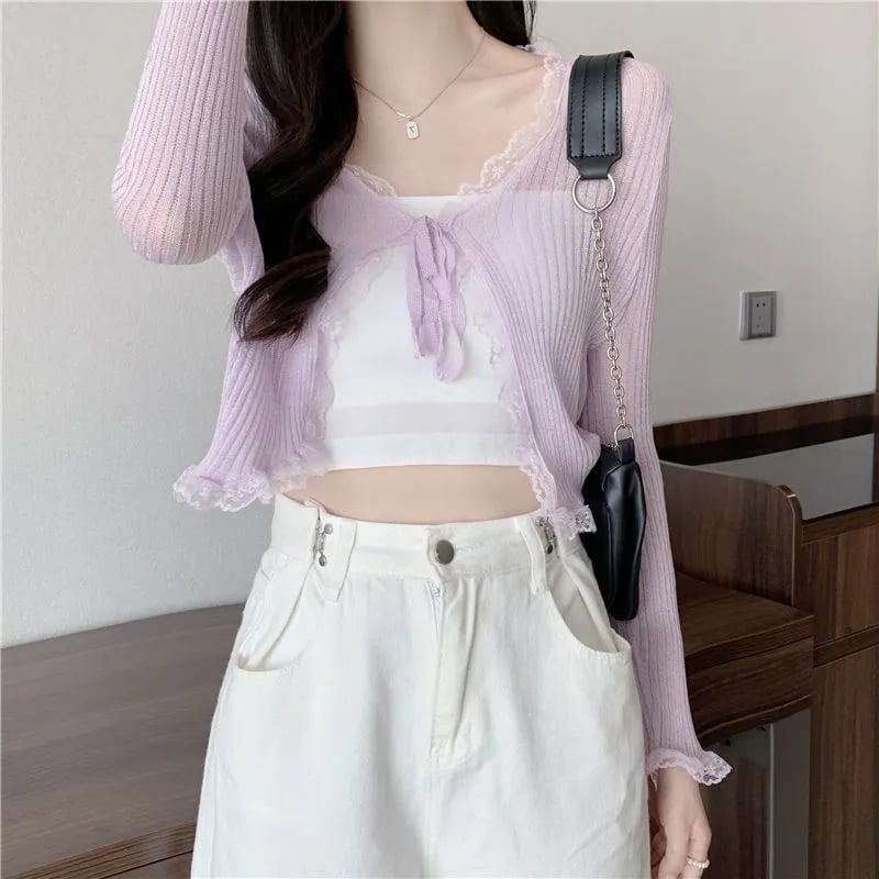 Sheer Lace Long Sleeve Cropped Cardigan