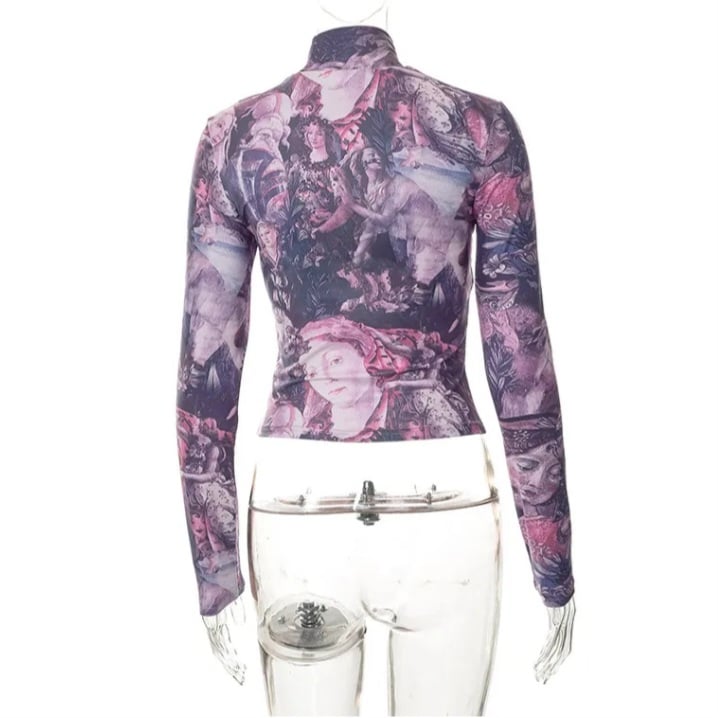 Purple Victorian Print Mesh Long Sleeve Shirt