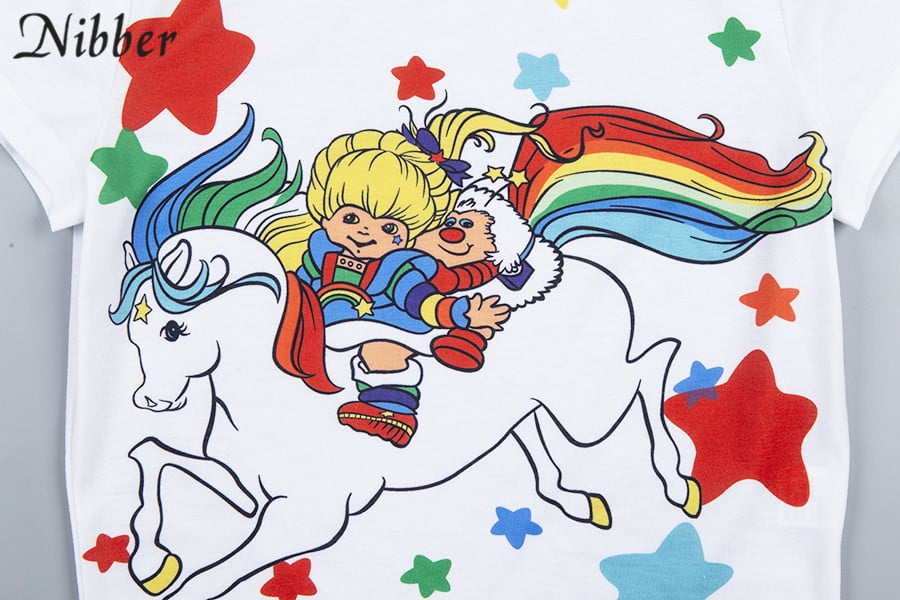 Cute Sexy White Unicorn Rainbow Cartoon Crop Top T-shirt Tee Short Sleeve Shirt E-Girl Kawaii Korean Japanese Harajuku Retro Streetwear
