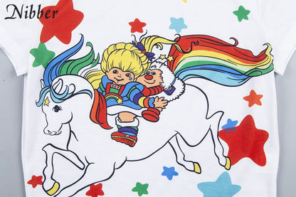 Cute Sexy White Unicorn Rainbow Cartoon Crop Top T-shirt Tee Short Sleeve Shirt E-Girl Kawaii Korean Japanese Harajuku Retro Streetwear