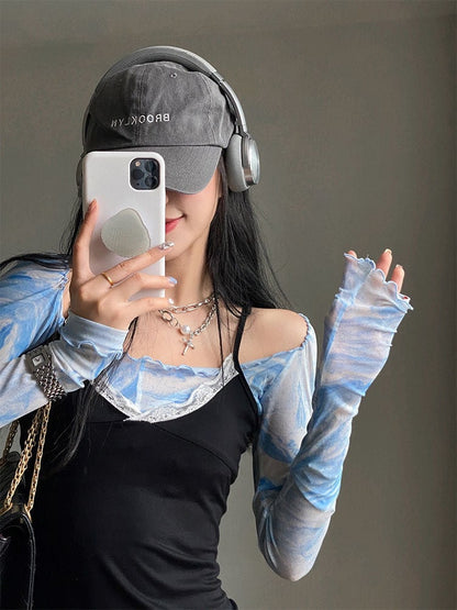 Blue Tie Dye Mesh Crop Top