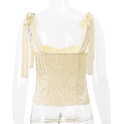Sweet Yellow Bow Lace Up Satin Top