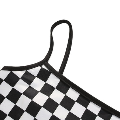 Cute Sexy Black White Checkered Plaid Tank Cami Crop Top Shirt Tee T-shirt E-Girl Kawaii Korean Japanese Harajuku Chinese Retro Streetwear Aesthetic