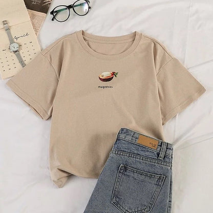 Cute Summer Casual Fruit Print O Neck Short Sleeve Tee Shirt T-shirt Top Loose Oversized E-Girl Kawaii Korean Japanese Harajuku Retro Streetwear