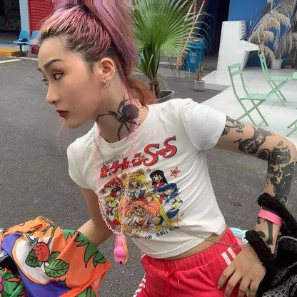Japanese Anime Cartoon White Crop Top Short Sleeve T-shirt