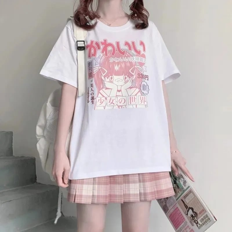 Pink 2D Anime Girl Print Short Sleeve T-shirt