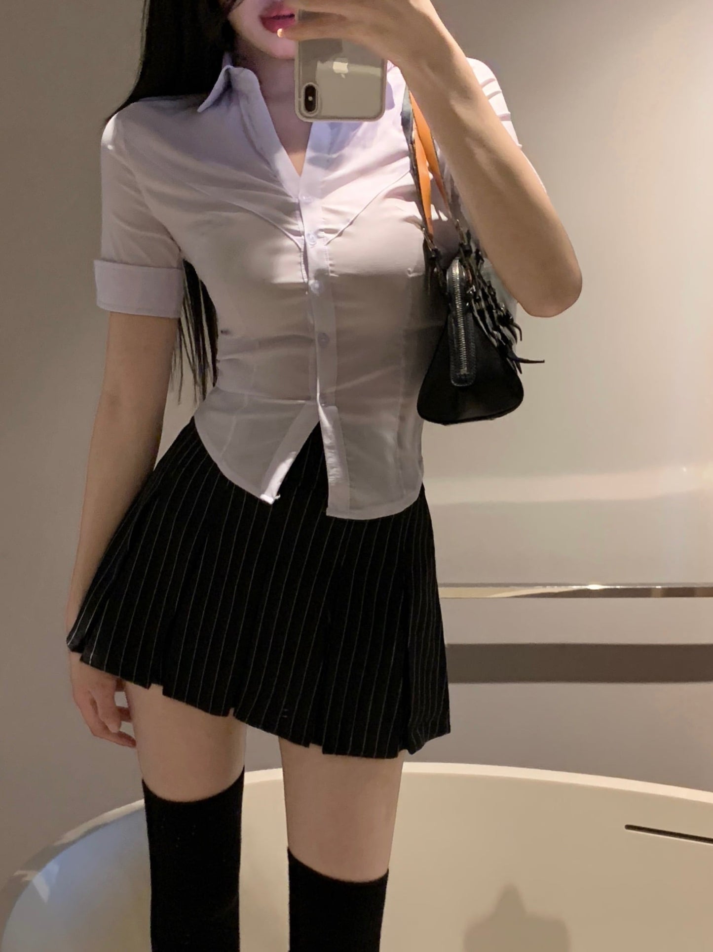 Black Stripe Pleated Mini Skirt