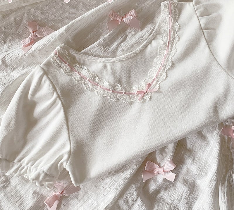 Lace Trim Bow V Neck Puff Short Sleeve Shirt