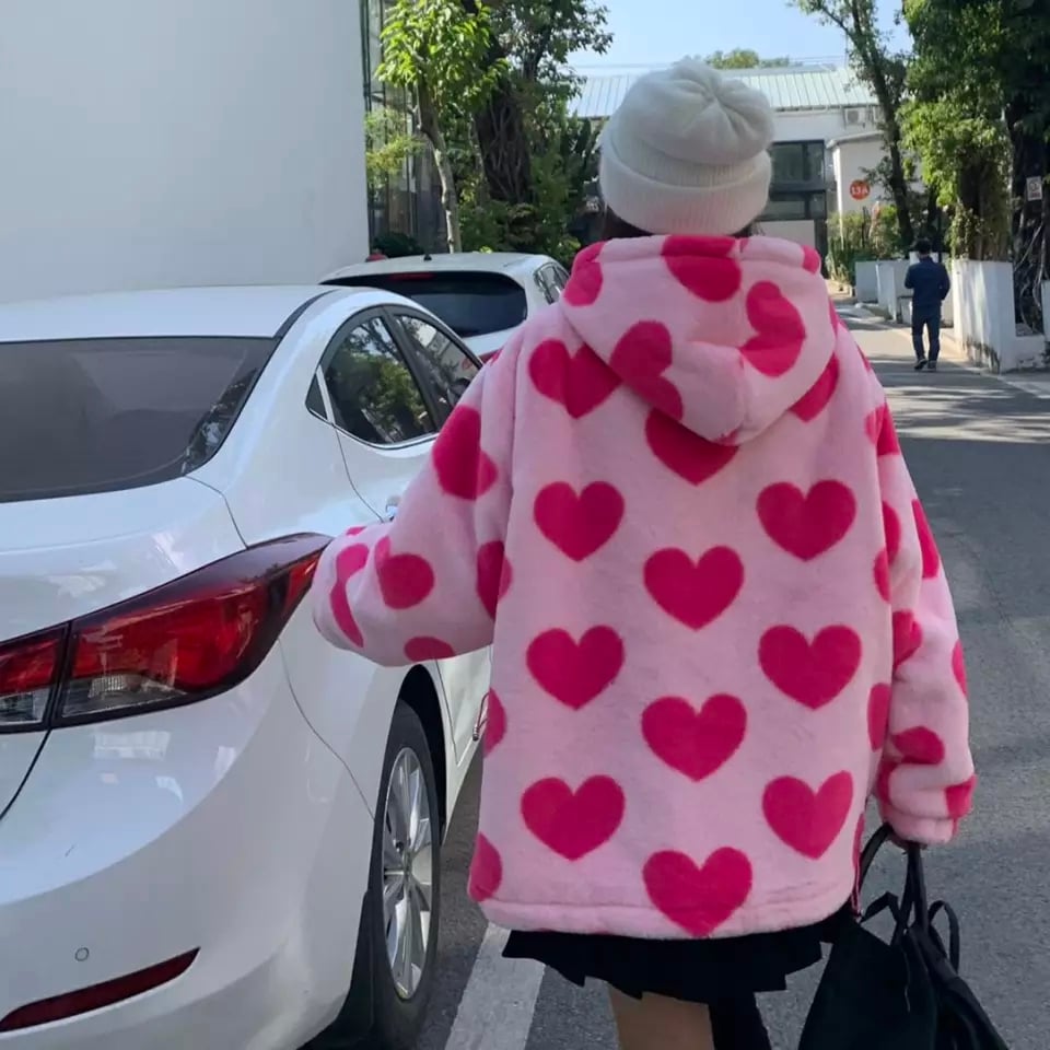 Cute 90s Heart Print Plush Long Sleeve Jacket Hoodie Sweater Coat Aesthetic Casual E-Girl Kawaii Korean Japanese Harajuku