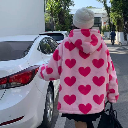 Cute 90s Heart Print Plush Long Sleeve Jacket Hoodie Sweater Coat Aesthetic Casual E-Girl Kawaii Korean Japanese Harajuku