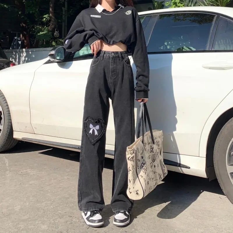 Black Denim Love Bow Embroidery High Waist Jeans