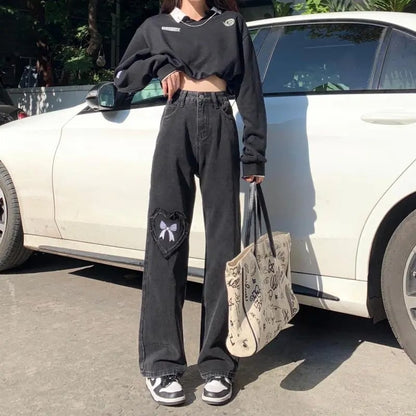 Black Denim Love Bow Embroidery High Waist Jeans