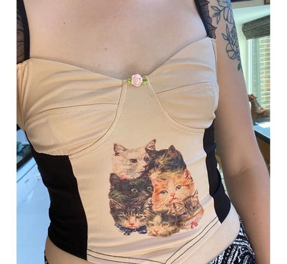 Cute Cat Graphic Vintage Lace Spaghetti Strap Crop Top Shirt Tee T-shirt E-Girl Kawaii Korean Japanese Harajuku Chinese Retro Streetwear Aesthetic