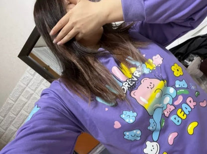 Cute Purple Gummy Bear Print Loose Oversize Sweatshirt Long Sleeve T-shirt Aesthetic Casual Summer E-Girl Kawaii Korean Japanese Harajuku