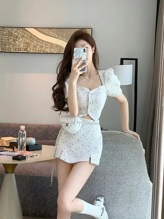 2PCS White Tweed Puff Sleeve Blouse + Skirt