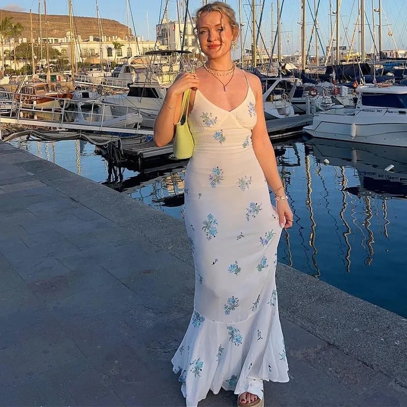 Blue & White Floral Print Spaghetti Strap Maxi Dress