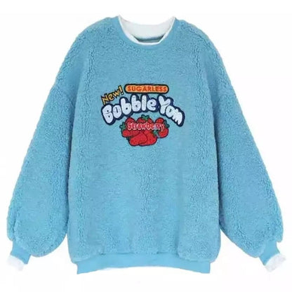 Strawberry Bubblegum Print Warm Fuzzy Fleece Hoodie Sweatshirt Sweater Long Sleeve Pullover E-Girl Kawaii Korean Japanese Harajuku Streetwear