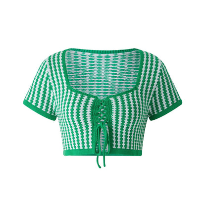 Green Plaid Square Collar Bandage Knit Short Sleeve T-shirt