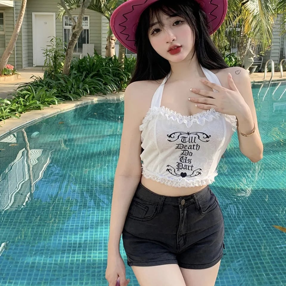 White Embroidery Lace Halter Top