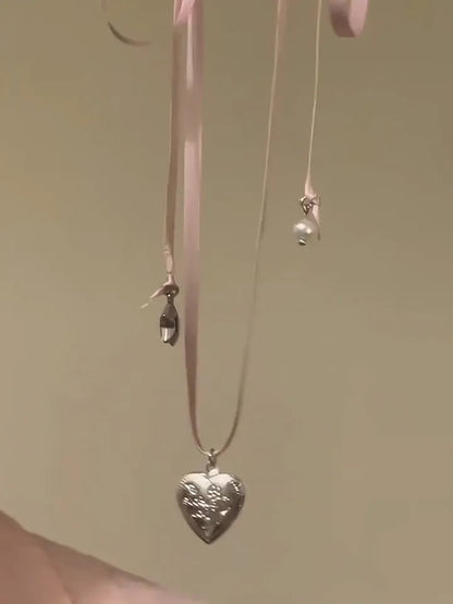 Pink Heart Pendant Rope Tied Necklace