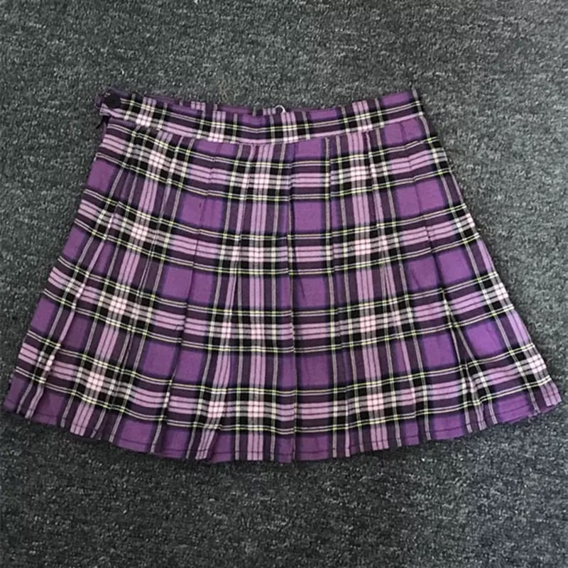 Purple Plaid Spring Summer High Waisted Pleated Skirt School Girl Skater Bottoms E-Girl Kawaii Korean Japanese Harajuku Streetwear
