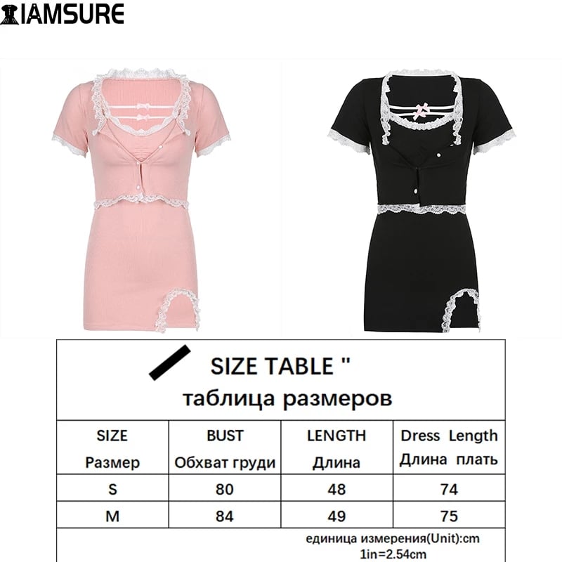 Cute Sweet Sexy 2pcs Lace Trim Split Dress Set + Short Sleeve Cardigan Crop Top Aesthetic Casual E-Girl Kawaii Korean Japanese Harajuku