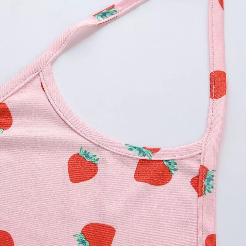Cute Pink Strawberry Print Crop Top Camisole Spaghetti Strap Tank Shirt Tee T-shirt E-Girl Kawaii Korean Japanese Harajuku Retro Streetwear Aesthetic