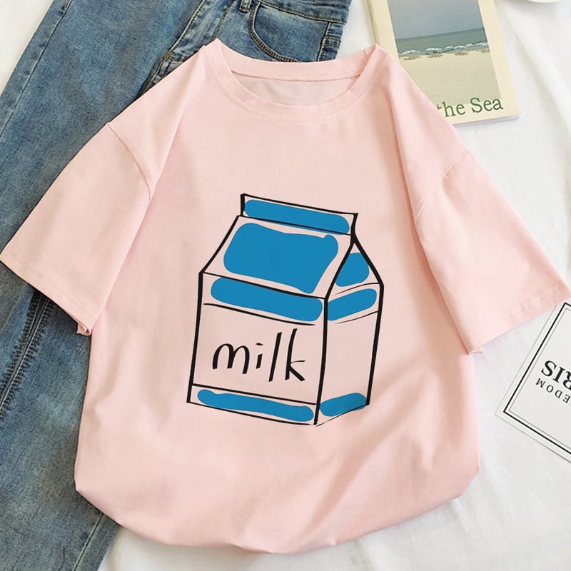 Cute Aesthetic Milk Carton Box Graphic Cartoon Print Loose Short Sleeve Short T-shirt Top Casual E-Girl Kawaii Korean Japanese Harajuku Streetwear