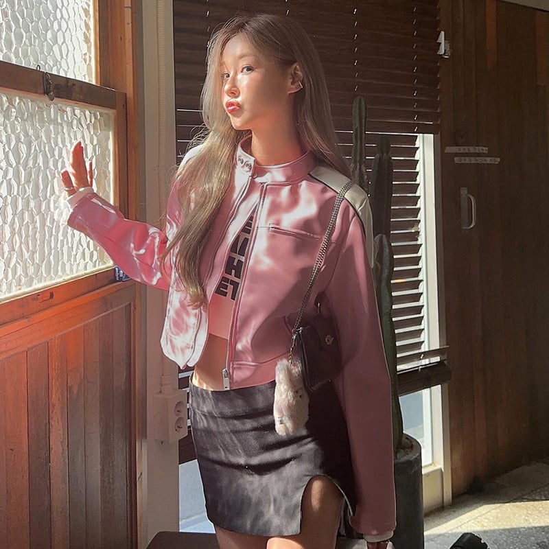 Pink PU Leather Retro Motorbike Jacket