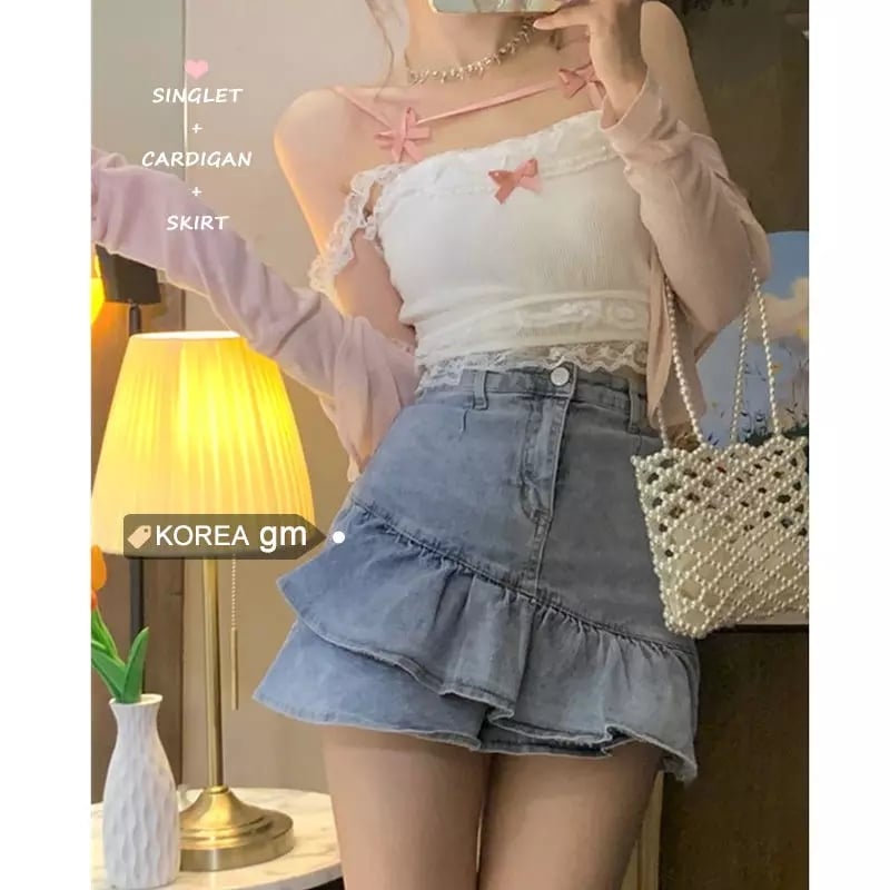 Cute Sweet Lace Bow Sling Crop Top Sleeveless Shirt 90S Summer Aesthetic Casual E-Girl Kawaii Korean Japanese Harajuku
