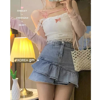 Cute Sweet Lace Bow Sling Crop Top Sleeveless Shirt 90S Summer Aesthetic Casual E-Girl Kawaii Korean Japanese Harajuku