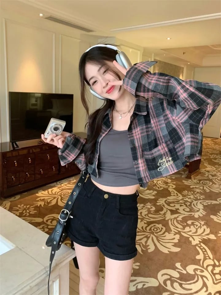 Pink & Black Plaid Cropped Long Sleeve Shirt