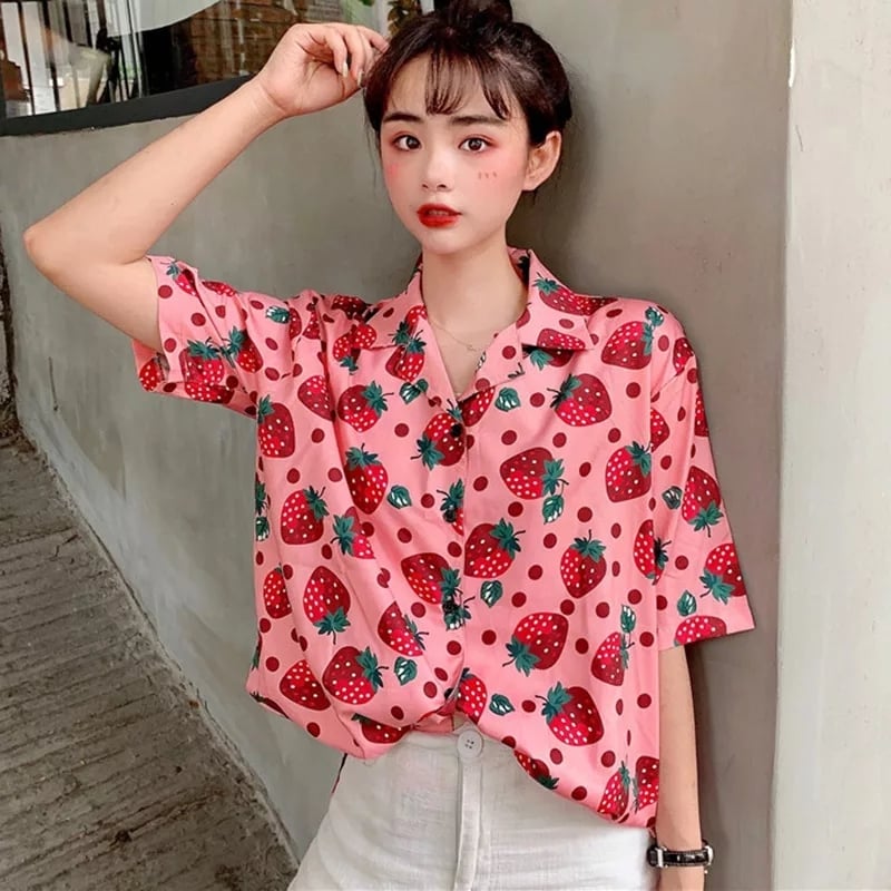 Cute Pink Strawberry Print Button Down Short Sleeve Shirt Blouse Aesthetic Casual Summer E-Girl Kawaii Korean Japanese Harajuku