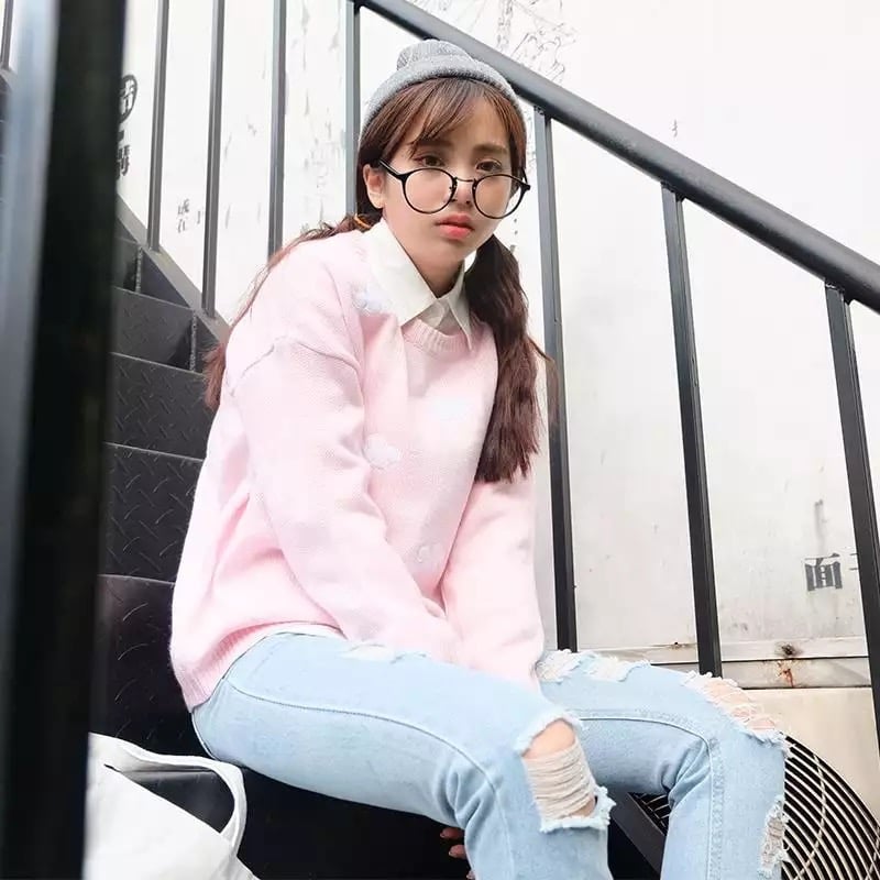 Cute Pastel Cloud Winter Autumn Loose Oversized Casual Knit Sweater Sweatshirt Pullover Jumper Shirt E-Girl Kawaii Korean Japanese Harajuku Streetwear