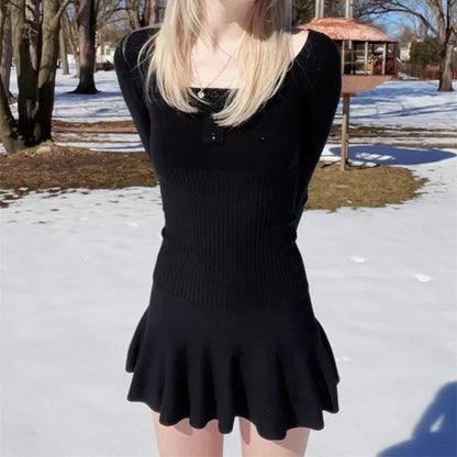 Blue Knit Long Sleeve Button Mini Dress