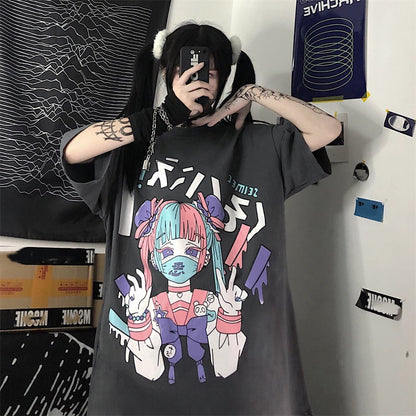 Cute Japanese Girl Punk Goth Print Oversized Short Sleeve Shirt Tee T-shirt E-Girl Kawaii Korean Japanese Harajuku Retro Streetwear Aesthetic