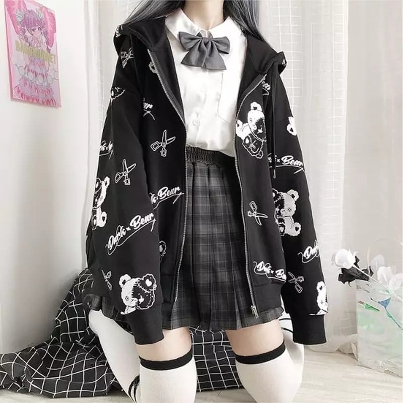 Teddy Bear Scissors Print Hoodie Zip Up Sweater Sweatshirt Long Sleeve Pullover Jumper Goth Punk E-Girl Kawaii Korean Japanese Harajuku Streetwear