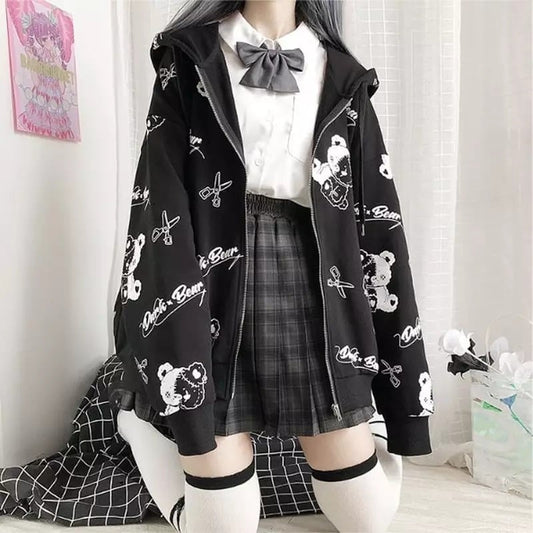 Teddy Bear Scissors Print Hoodie Zip Up Sweater Sweatshirt Long Sleeve Pullover Jumper Goth Punk E-Girl Kawaii Korean Japanese Harajuku Streetwear